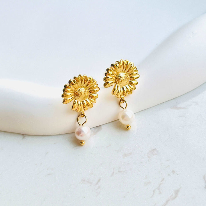 Golden Daisy Freshwater Pearl Drop Earrings