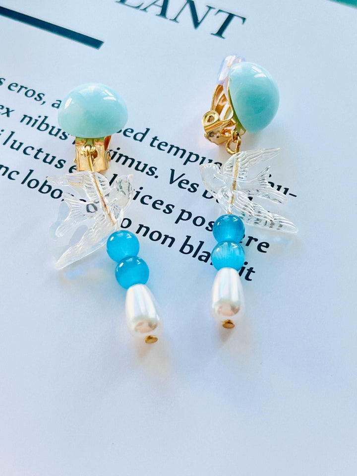 Clear Blue Swallow Pearl Dangle Earrings / Clip-On Earrings