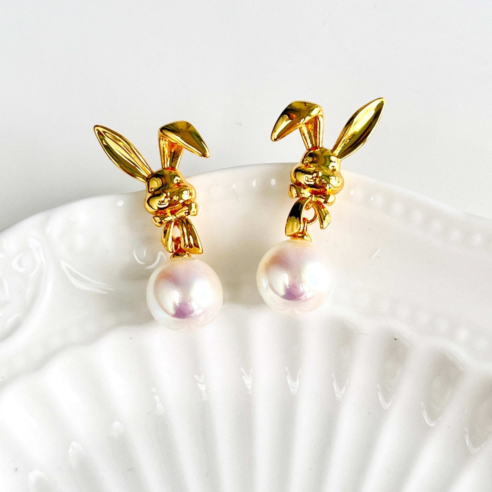Golden Bunny Pearl Drop Earrings Easter Bunny Earrings – Natural