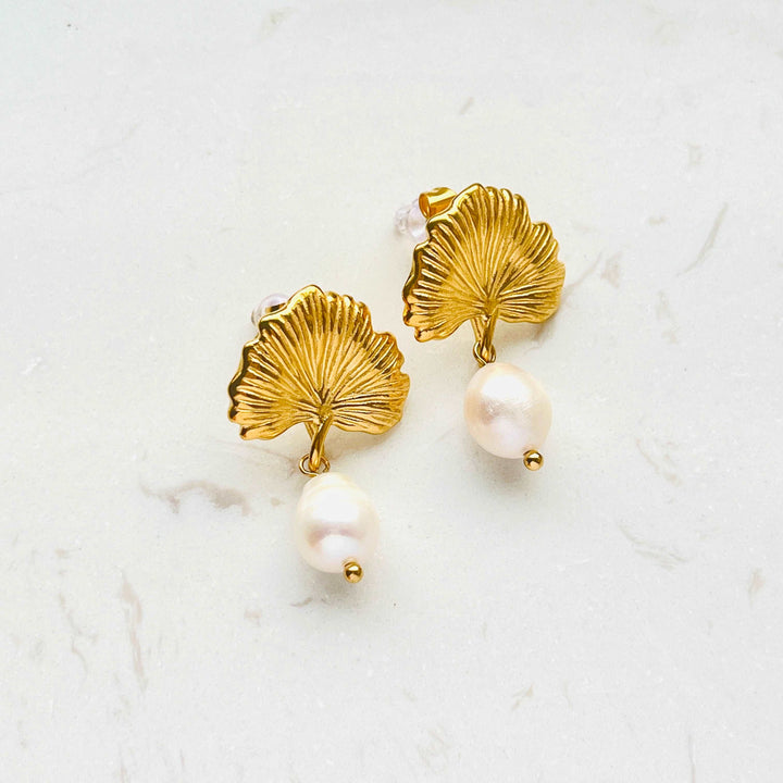 Golden Ginkgo Leaf Freshwater Pearl Drop Earrings 