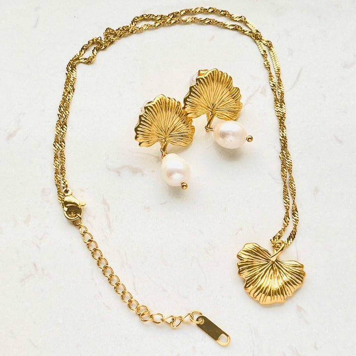 Golden Ginkgo Leaf Necklace and Freshwater Pearl Drop Earrings Set