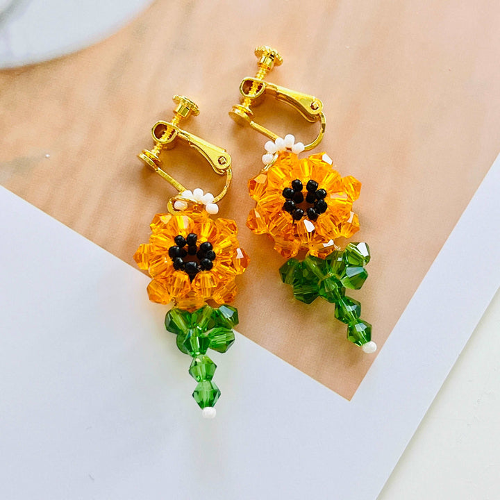 Beaded Sunflower Dangle Earrings / Clip-On Earrings