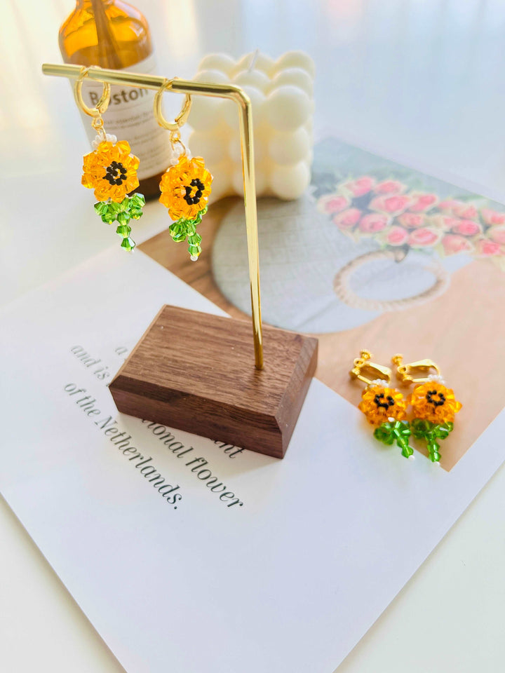 Beaded Sunflower Dangle Earrings / Clip-On Earrings