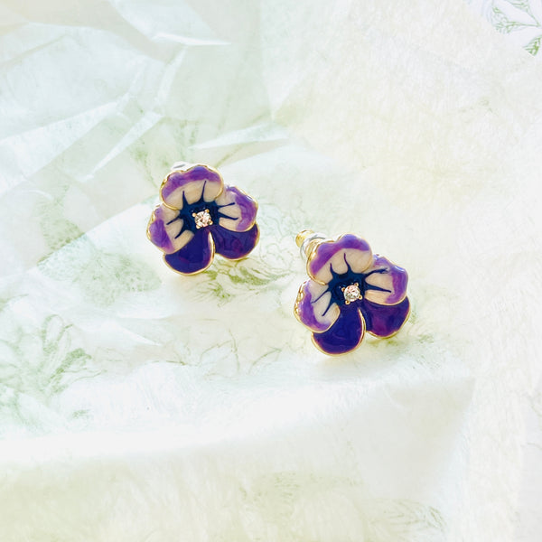 Enamel Purple Pansy Clip On Earrings / Stud Earrings
