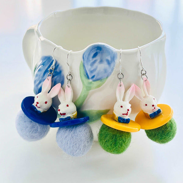 Rabbit With Wool Felt Ball Hook Earrings