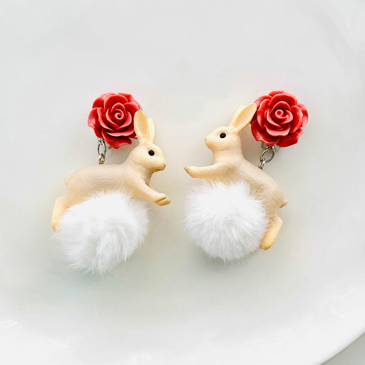 Natural-Bunny-Accessories-Stuffed-Ball-Bunny-Clip-On-Earrings-Drop-Earrings