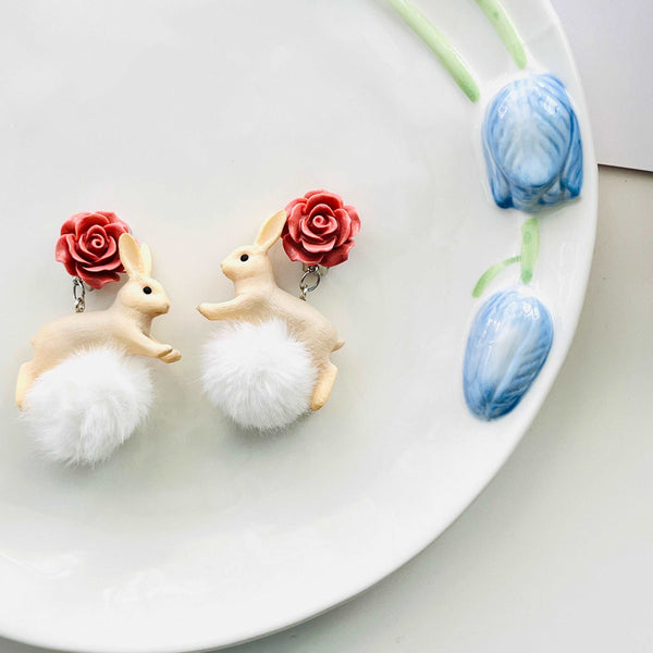 Natural-Bunny-Accessories-Stuffed-Ball-Bunny-Clip-On-Earrings-Drop-Earrings