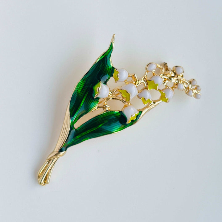 Vintage Enamel Lily Of The Valley Flower Brooch