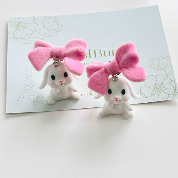 White Bunny with A Pink Bow Stud Earrings/ Clip-on Earrings