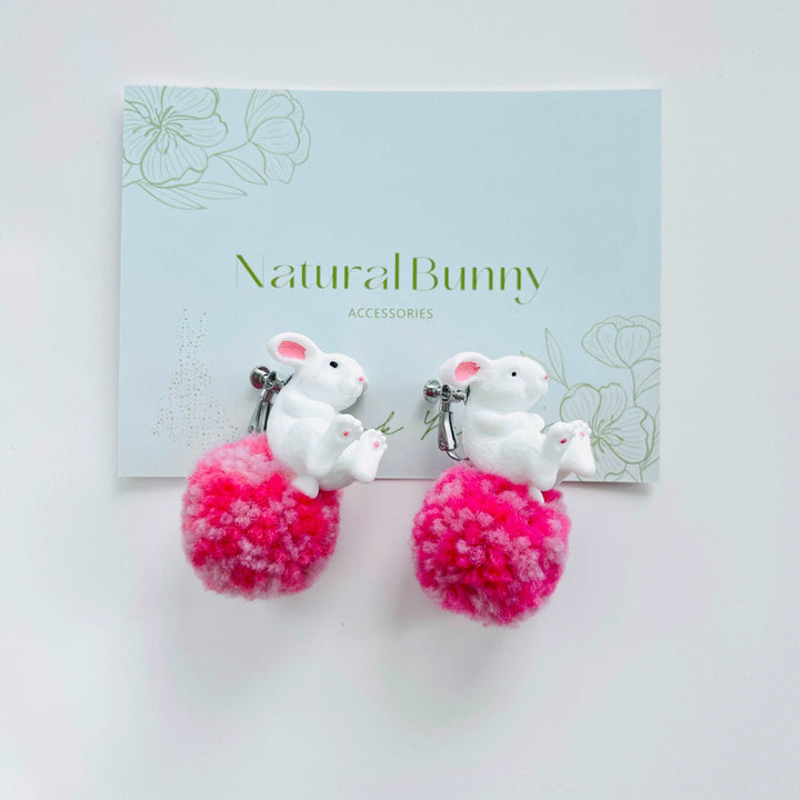 White Rabbit With Pompon Stud Earrings / Clip-on Earrings