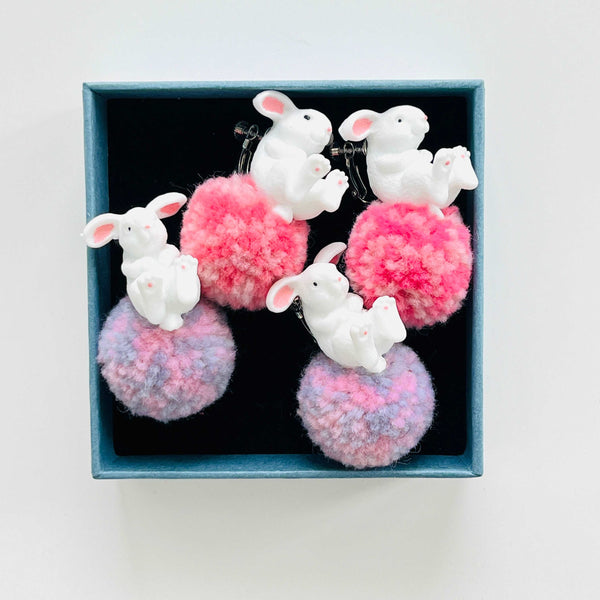 White Rabbit With Pompon Stud Earrings / Clip-on Earrings