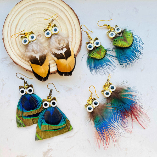Natural Feather Colorful Owl Dangle Earrings