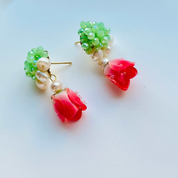 Handmade Natural Freshwater Pearl Red Rose Beaded Stud Earrings