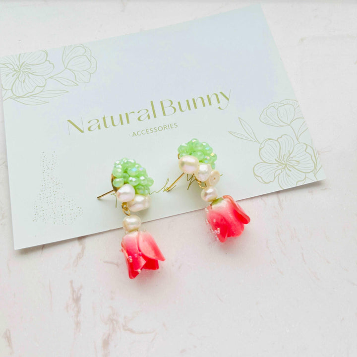 Handmade Natural Freshwater Pearl Red Rose Beaded Stud Earrings