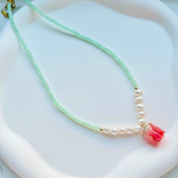 Handmade Natural Freshwater Pearl Red Rose Beaded Necklace