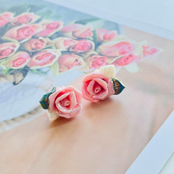 Shimmering Ceramic Rose Flower Stud Earrings