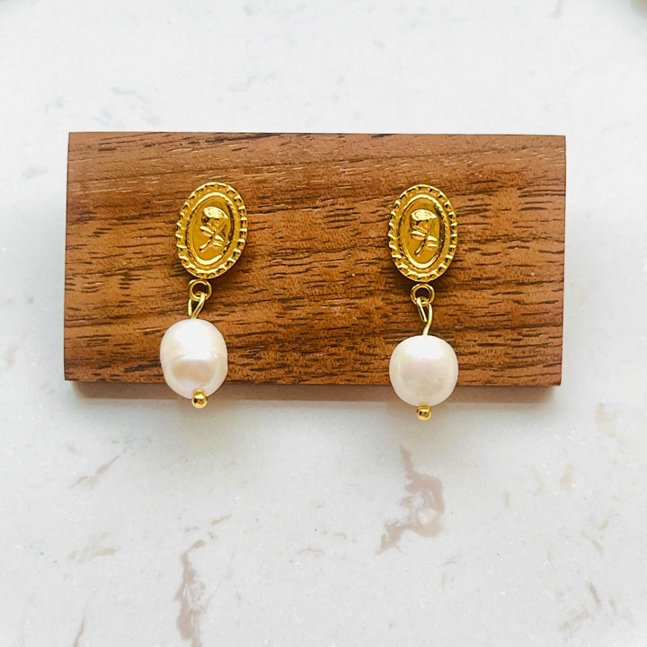 Vintage Rose and Freshwater Pearl Drop Earrings