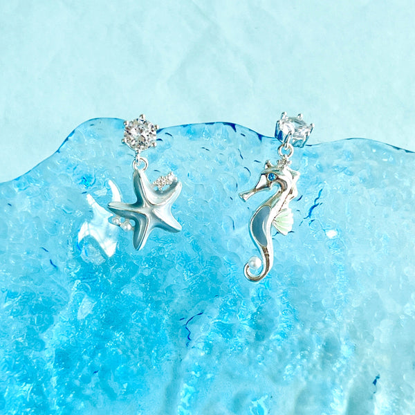 Asymmetric Seahorse And Starfish Stud Earrings