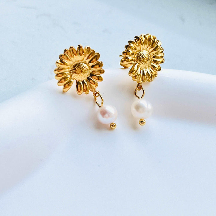 Golden Daisy Freshwater Pearl Drop Earrings