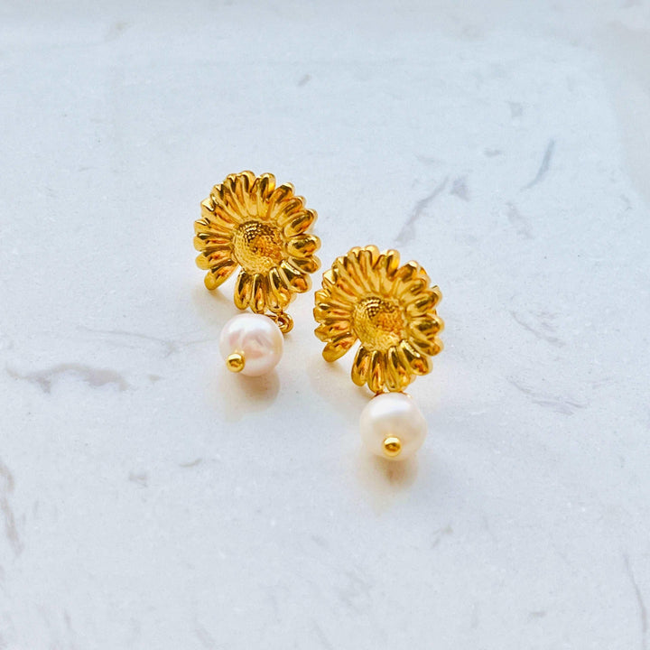 Golden Daisy Freshwater Pearl Drop Earrings