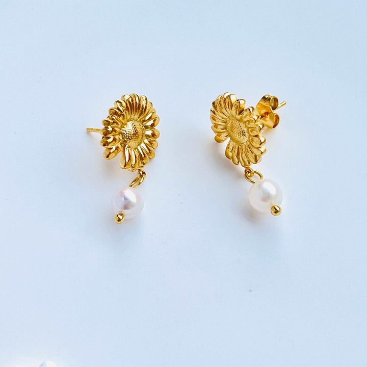 Golden Daisy Freshwater Pearl Drop Earrings