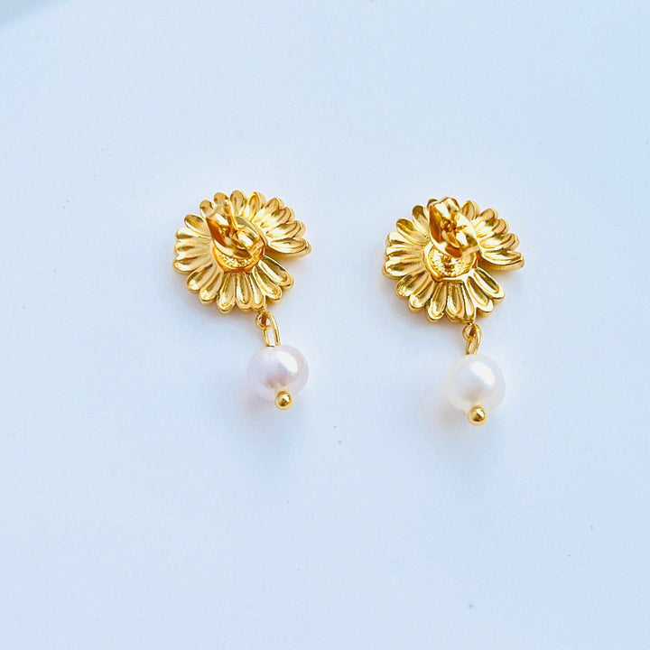 Golden Daisy Freshwater Pearl Drop Earrings