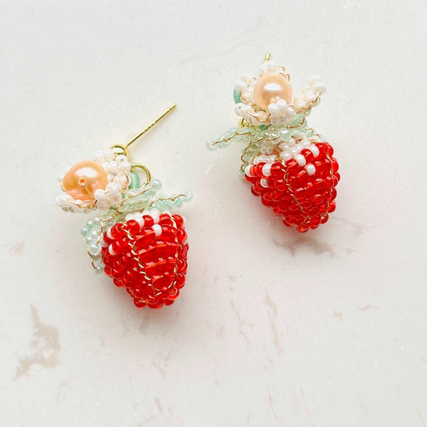 Handmade Strawberry Beaded Stud Earrings - Natural Bunny Accessories