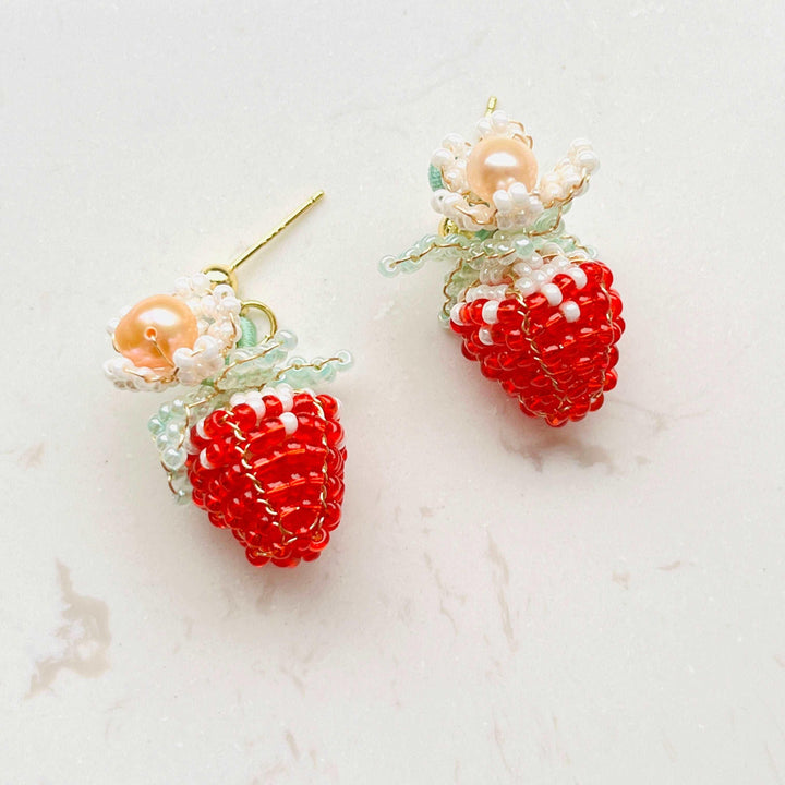 Handmade Strawberry Beaded Stud Earrings