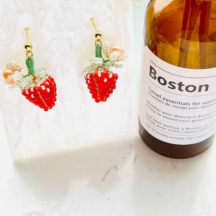 Handmade Strawberry Beaded Stud Earrings