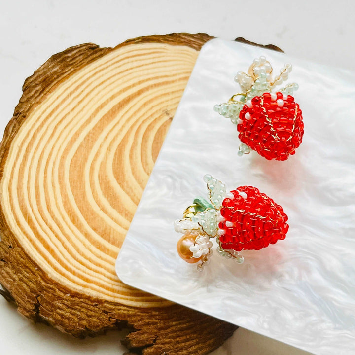 Handmade Strawberry Beaded Stud Earrings