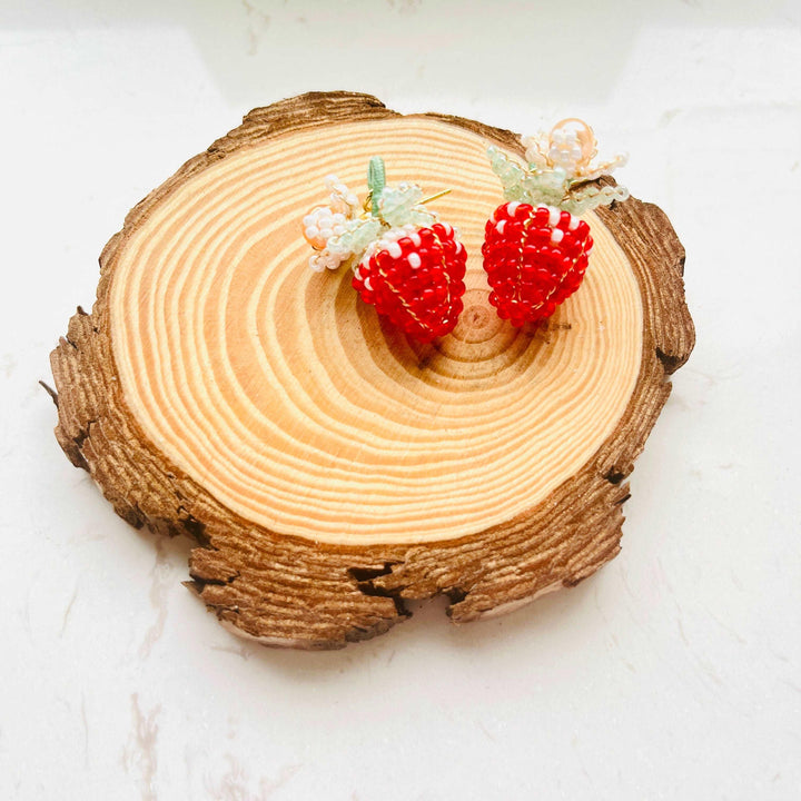 Handmade Strawberry Beaded Stud Earrings