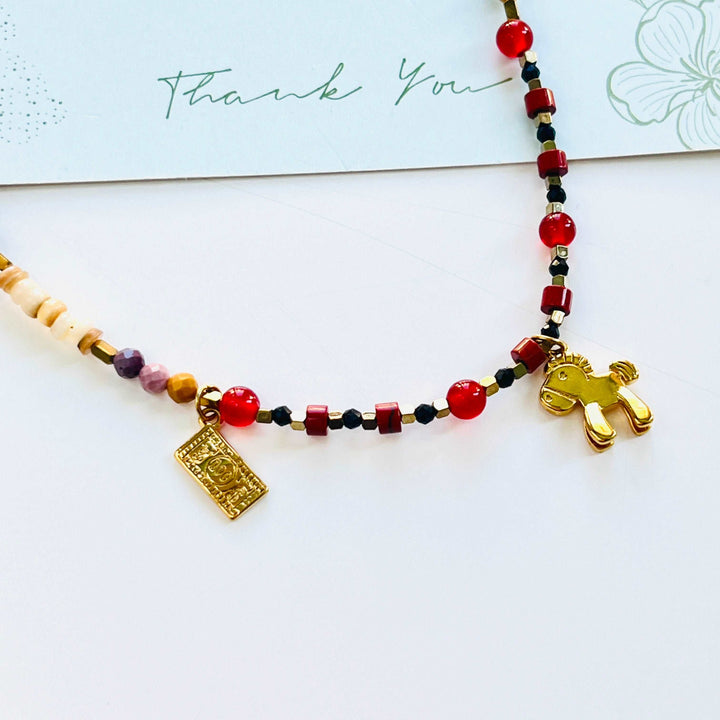 Lucky Horse Pendant Agate Shell Beaded Necklace