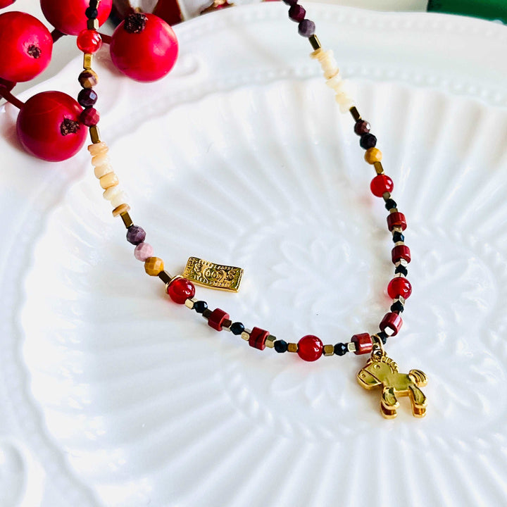 Lucky Horse Pendant Agate Shell Beaded Necklace