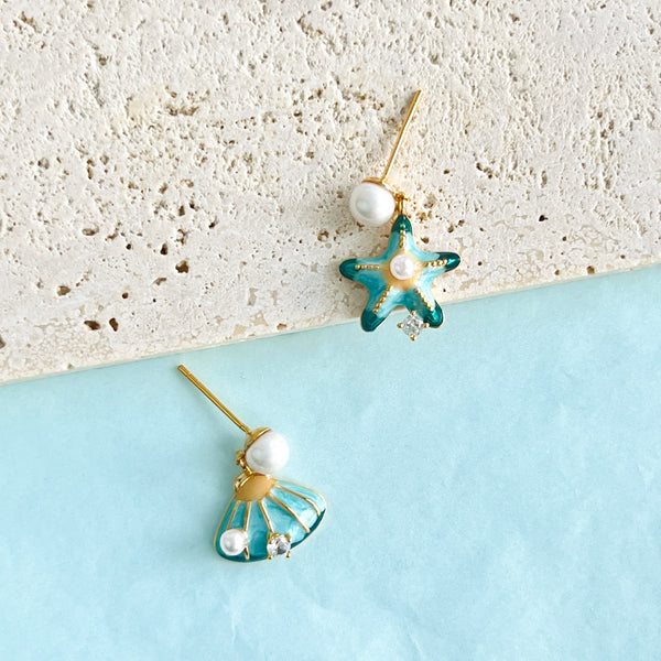 Asymmetric Enamel Seashell & Starfish Earrings