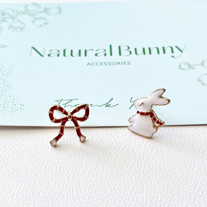 Asymmetry Rabbit And Bow Stud Earrings - Natural Bunny Accessories