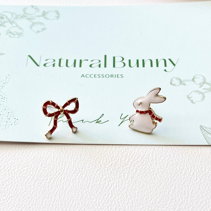 Asymmetry Rabbit And Bow Stud Earrings - Natural Bunny Accessories