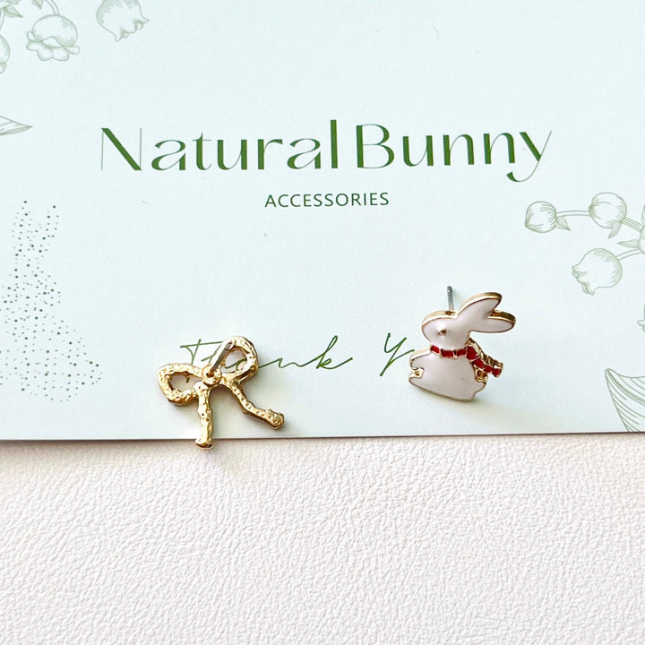 Asymmetry Rabbit And Bow Stud Earrings - Natural Bunny Accessories