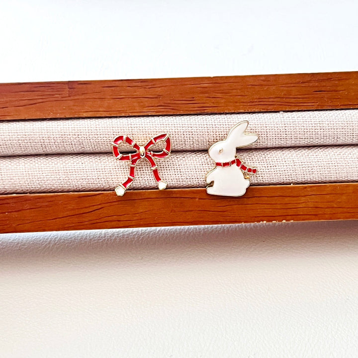 Asymmetry Rabbit And Bow Stud Earrings - Natural Bunny Accessories
