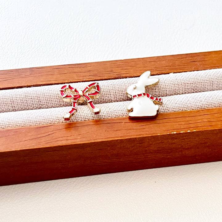 Asymmetry Rabbit And Bow Stud Earrings - Natural Bunny Accessories