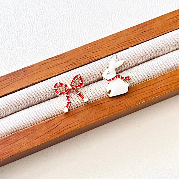 Asymmetry Rabbit And Bow Stud Earrings - Natural Bunny Accessories