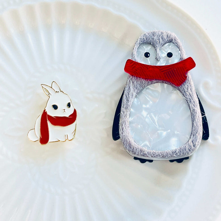 White Rabbit With Red Scarf Brooch Pin