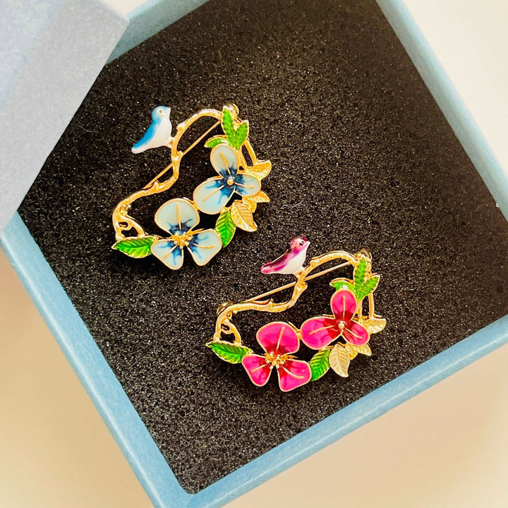 Bird on Pansy Branch Brooch