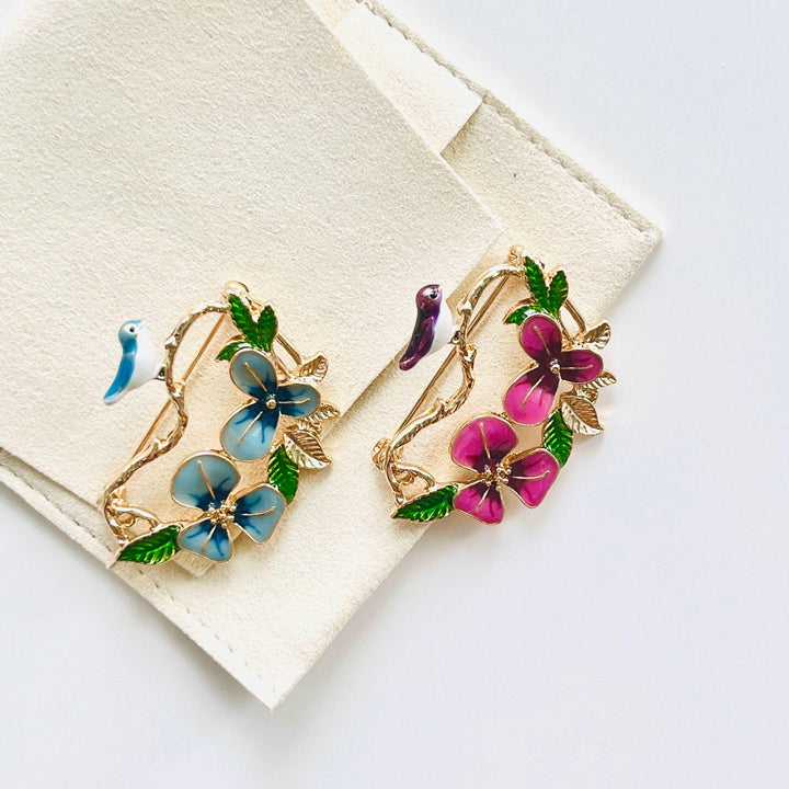Bird on Pansy Branch Brooch