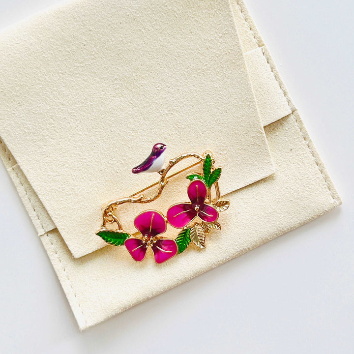 Bird on Pansy Branch Brooch