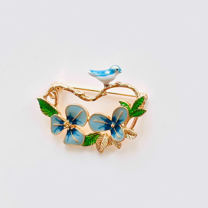 Bird on Pansy Branch Brooch
