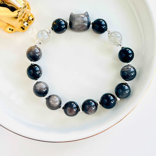 Black Cat Silver Sheen Obsidian Guardian Beaded Bracelet