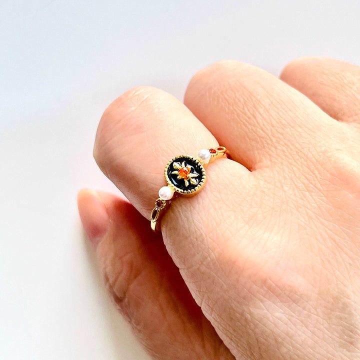 Black Floral Open Ring
