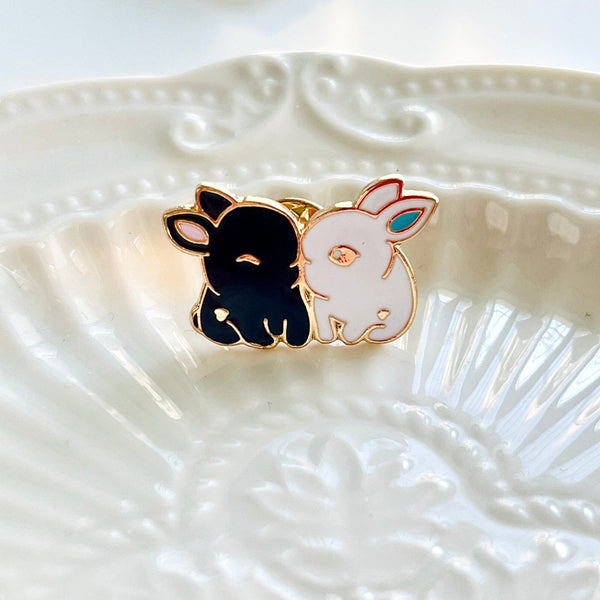 Black Rabbit & White Rabbit Brooch Pin - Natural Bunny Accessories