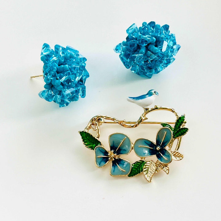 Blue Beaded Hydrangea Stud Earrings - Natural Bunny Accessories