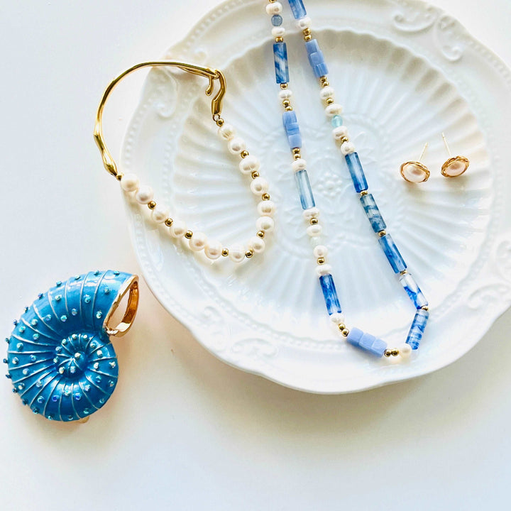 Blue Chalcedony and Freshwater Pearl Beaded Necklace